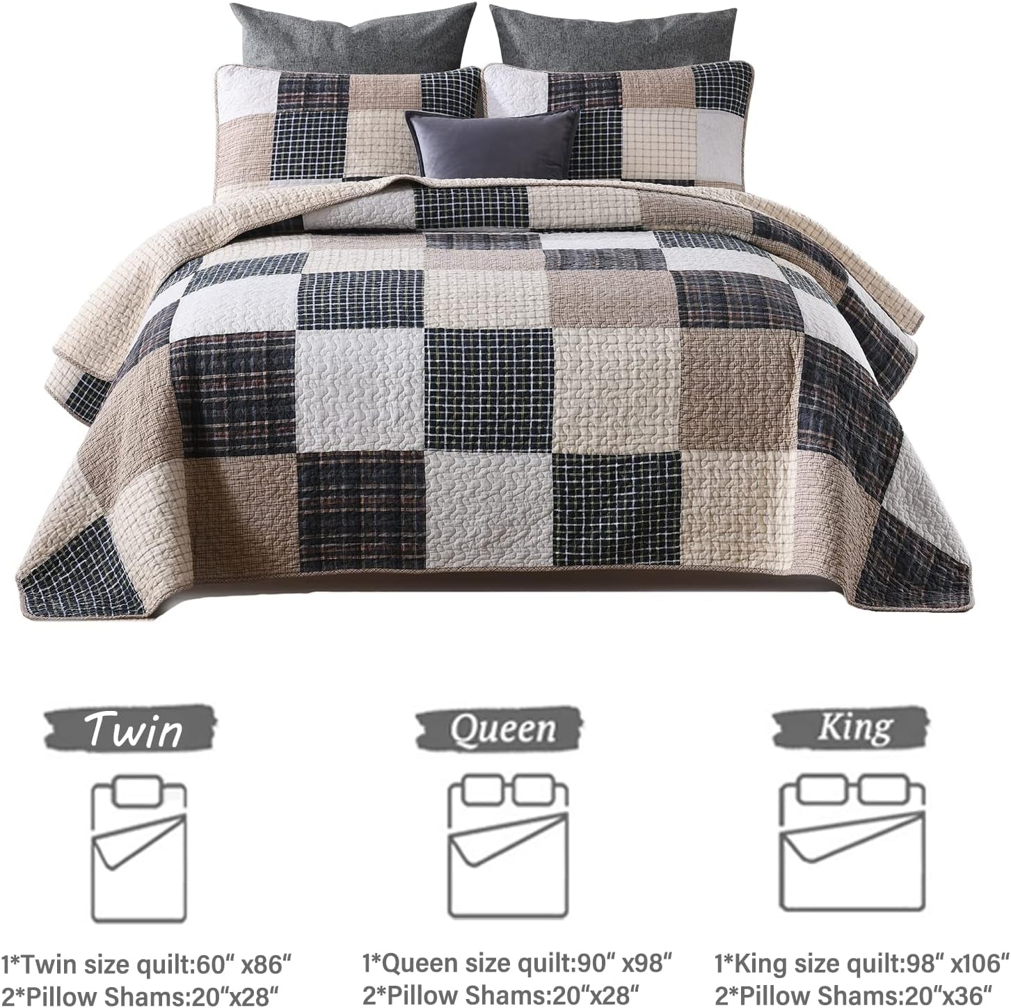 100% Cotton King Size Patchwork Quilt Set in Brown, Khaki, Black, and White - Lightweight Reversible Summer Bedding, 3-Piece Set