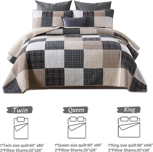 100% Cotton King Size Patchwork Quilt Set in Brown, Khaki, Black, and White - Lightweight Reversible Summer Bedding, 3-Piece Set