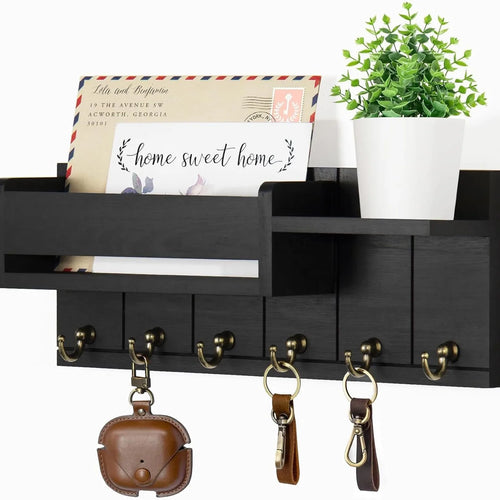 Key Holder Wall Mount - Decorative Key Rack and Mail Organizer with 6 Key Hooks - Wooden Key Hanger with Shelf for Living Room Decor - Rustic Farmhouse Home Entryway Aesthetic Essentials