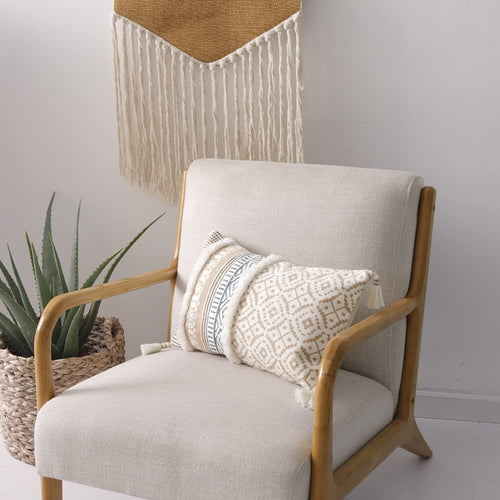 Bohemian Lumbar Decorative Pillow Cover for Couch and Sofa - Modern Moroccan Design with Tassels, Stylish Farmhouse Pillowcase for Bedroom, Living Room, Car, and Hotel, 12 x 20 Inches, Khaki