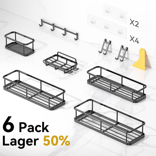 Rustproof Adhesive Shower Caddy Organizer Set - 6 Pack Large Capacity Shelves with Soap Holder for No-Drill Bathroom Storage Solutions
