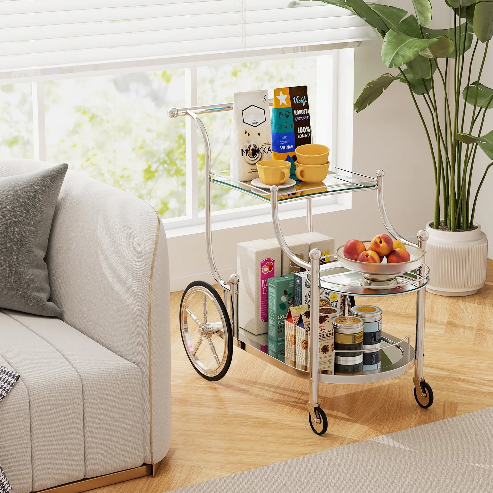 Bar Cart 3-Tier Home Bar Serving Cart on Wheels W/ Mirrored Shelves