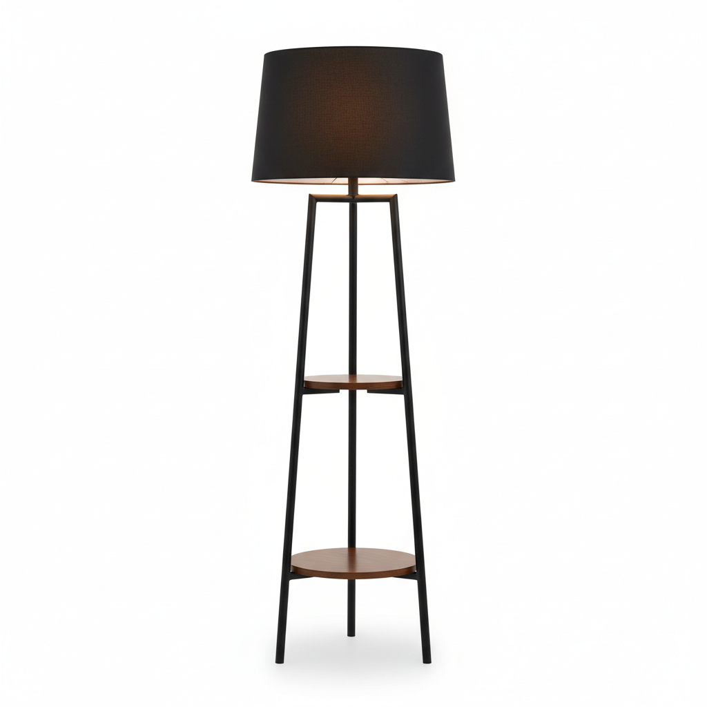 62 inch matte black mid-century floor lamp with two wooden shelves