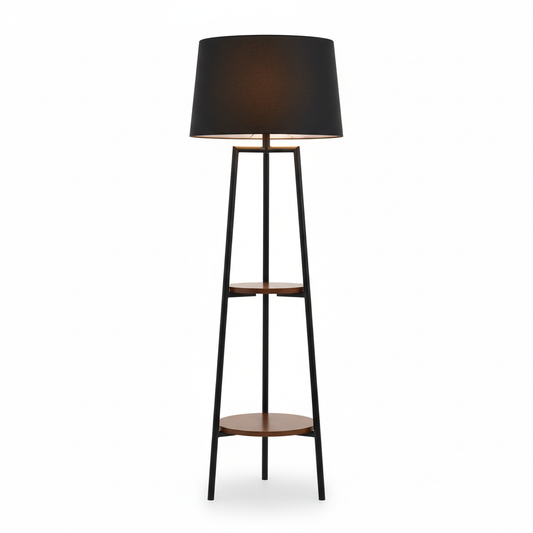 62 inch matte black mid-century floor lamp with two wooden shelves