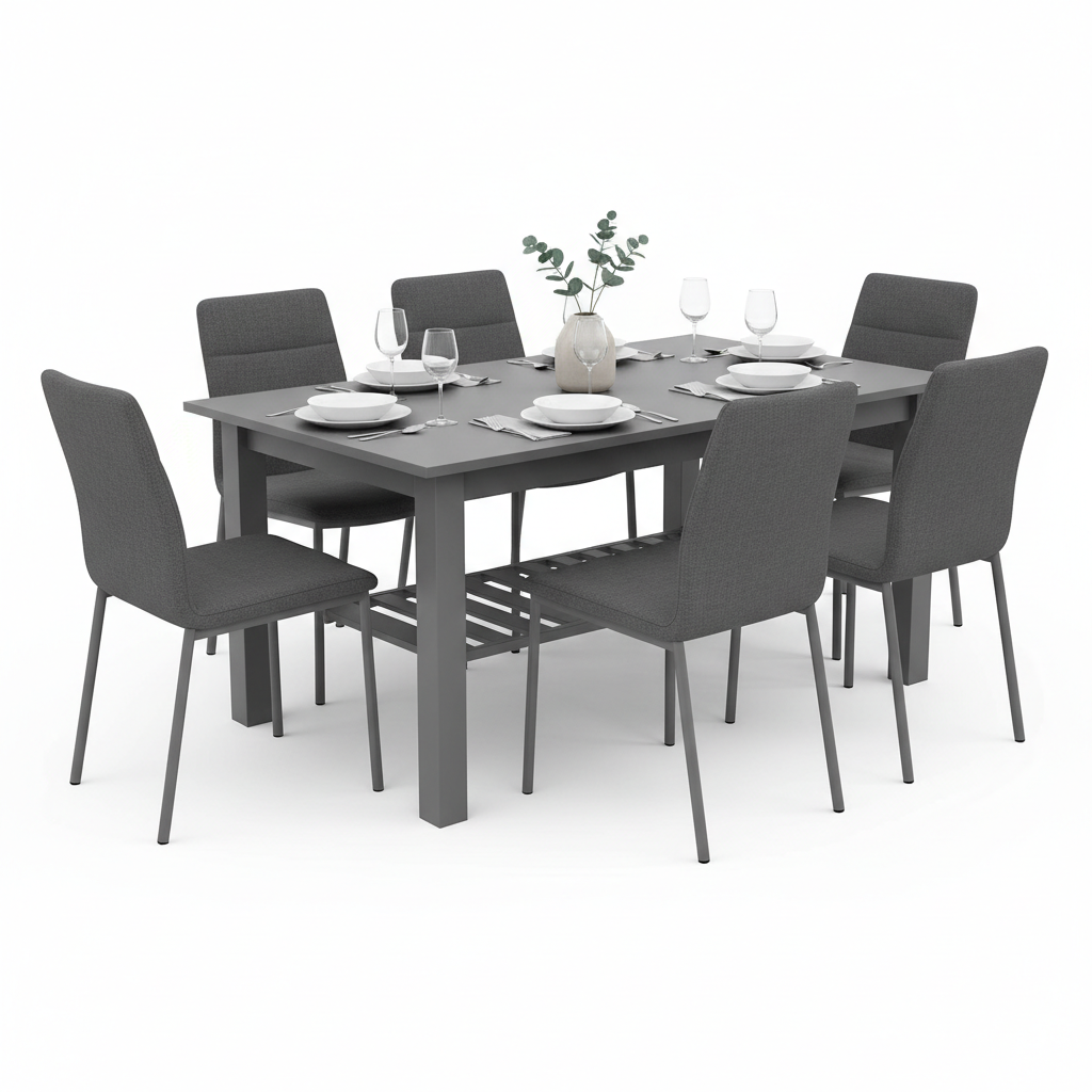Gray dining table set for 6 with chairs and storage shelf