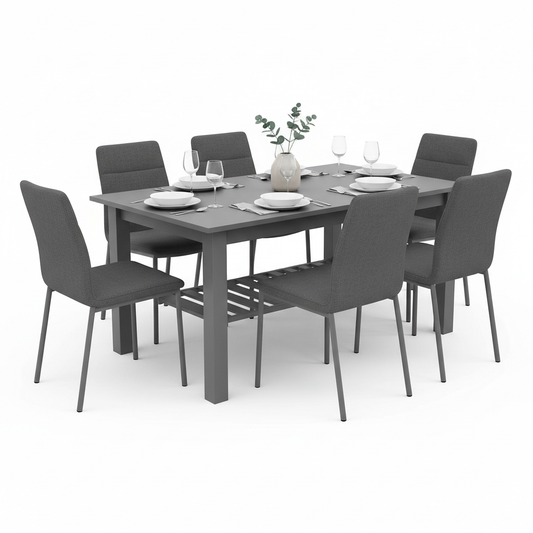 Gray dining table set for 6 with chairs and storage shelf